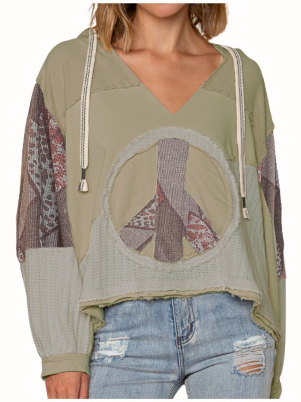 POL Seafoam Peace Patchwork V-Neck Hoodie Oversized Frayed Knit Top